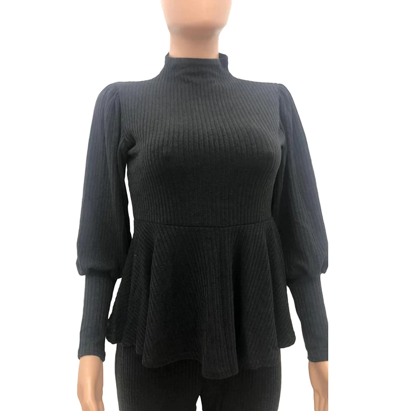 

Autumn Solid Color Casual Rib Suit High Neck Lantern Sleeve Top and Leggings 2-piece Set for Women