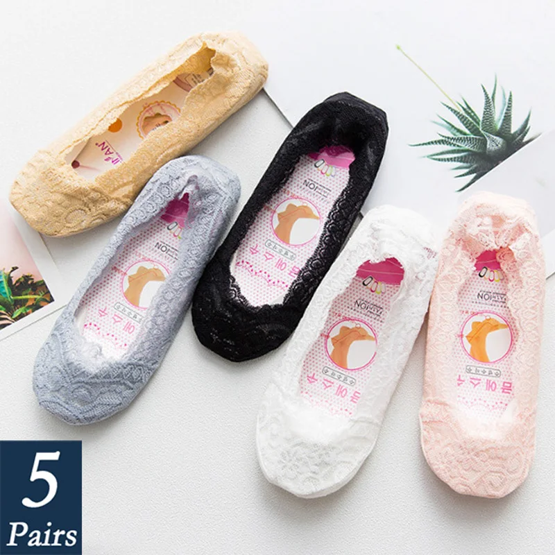 5 пар/лот женские комнатные тапочки Носки башмачки невидимки сетчатые кружевные