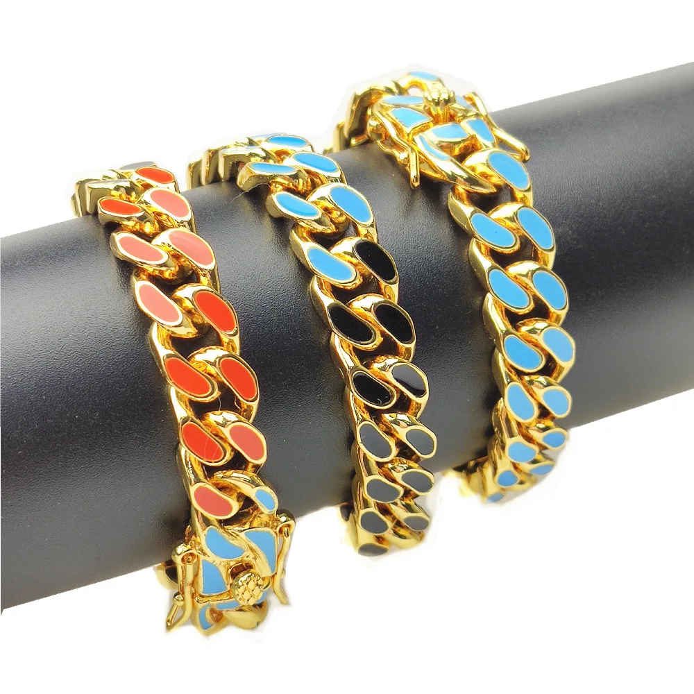 

11MM Enamel Hip Hop Miami Cuban Chain 3 Colors Bracelet BMB0596 Iced Out Rapper Jewelry Cubic Zirconia Gold Sliver