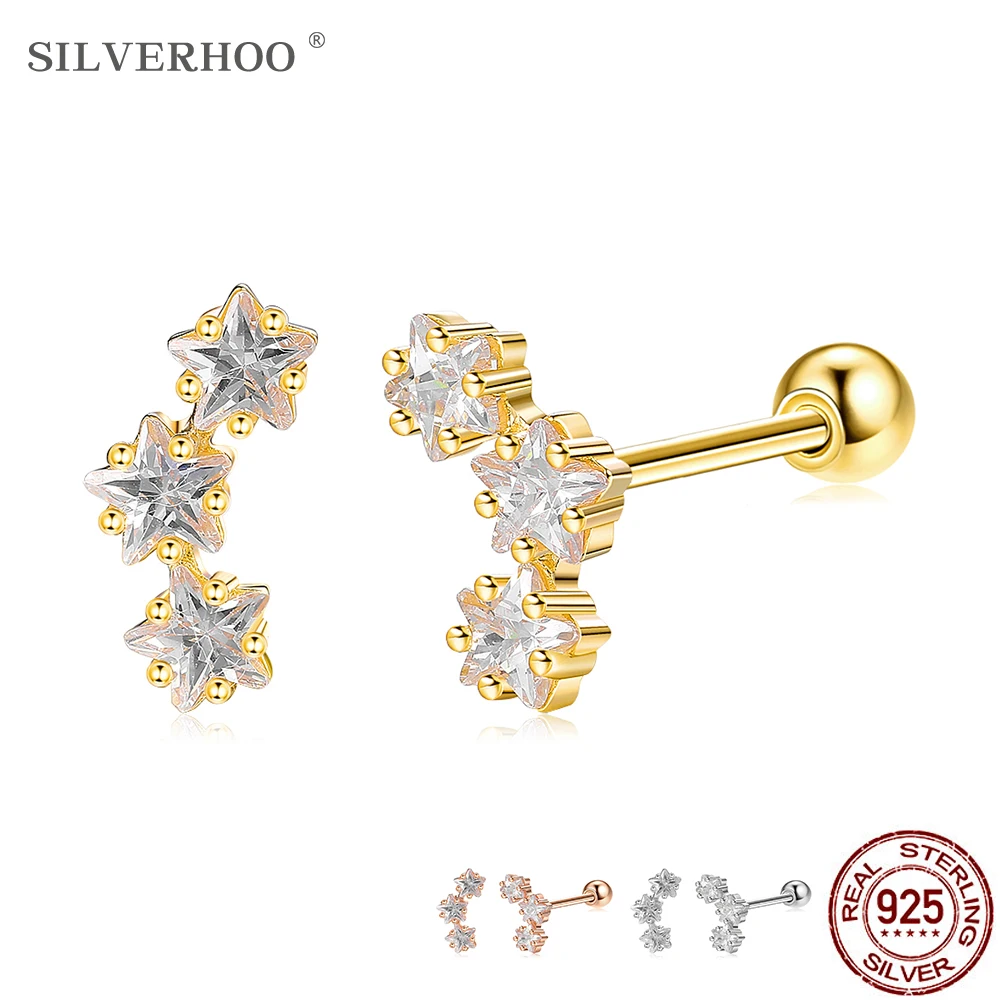 

SILVERHOO Sterling Silver 925 Jewelry Shiny Star Cubic Zirconia Stud Earrings For Women Trendy 3 Colors Anti Allergy Earring