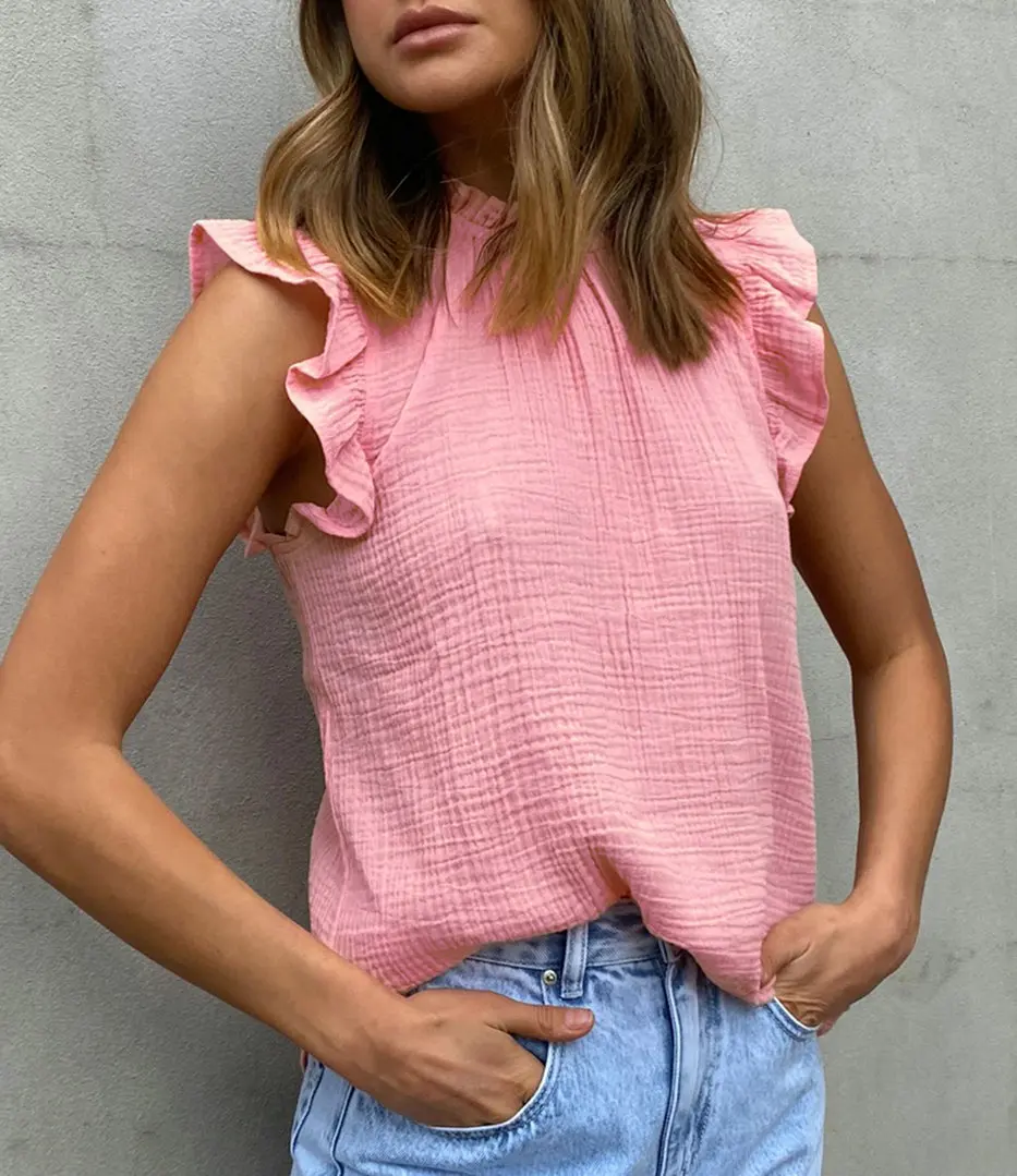 

Solid color O neck ruffled sleeveless ladies t shirts Casual women tops Summer chic cozy female shirts