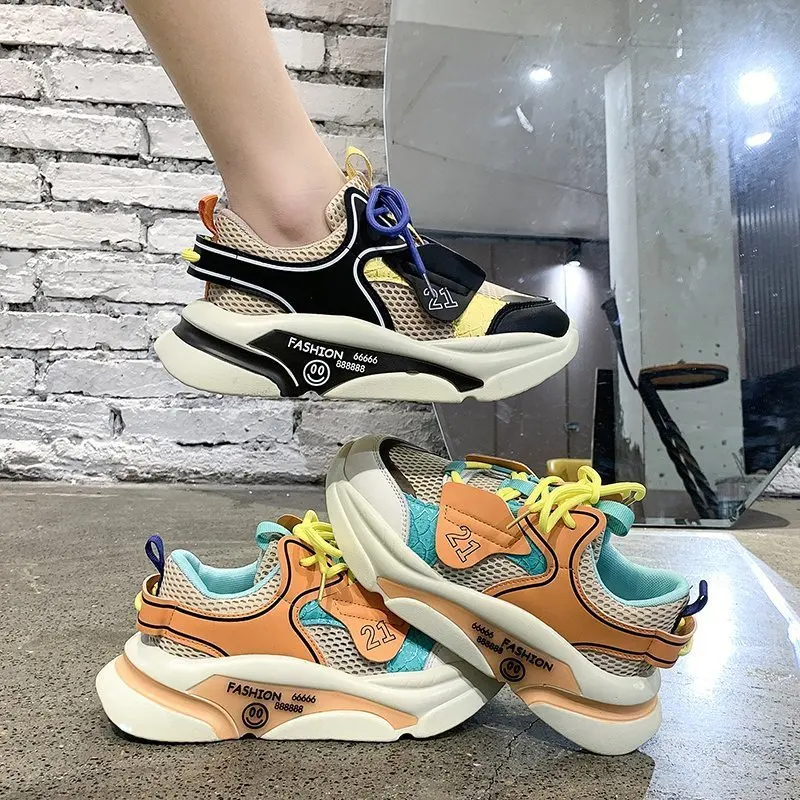 

Women's Sports Shoes Chunky Sneakers Breathable Mixed Colors Tennis Female Charming Vulcanized Footwear Platform Dad Shoes 2021