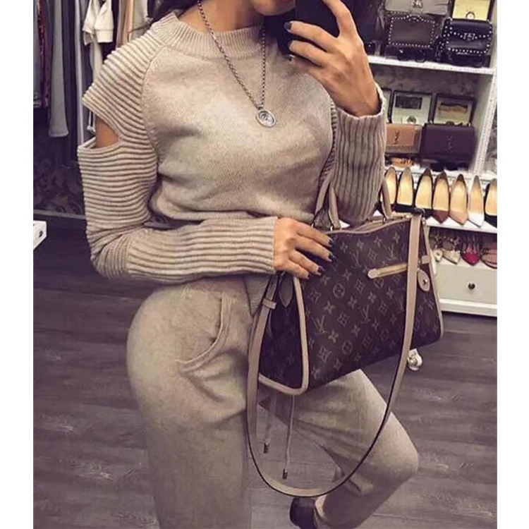 

Women's Limited Real Suit Sweater Set Round Collar + Pants Casual Fashion Two Piece 2020 Spring High Quality Cashmere Pullover