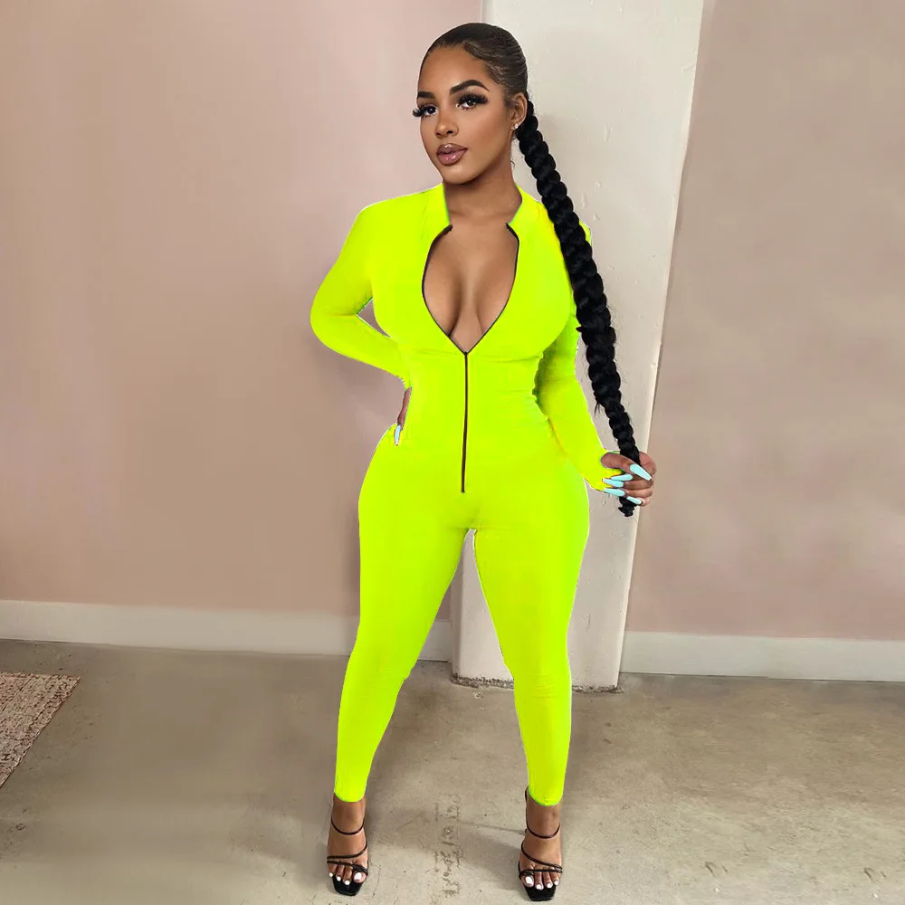 Женский Повседневный комбинезон на молнии неоново-зеленый с длинным рукавом и