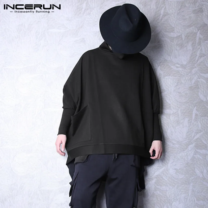 

Man Big Pocket Sweatshirts Streetwear Outwear INCERUN Men Irregular Cloak Capes Fashion Solid Poncho Loose Turtleneck Coats 5XL