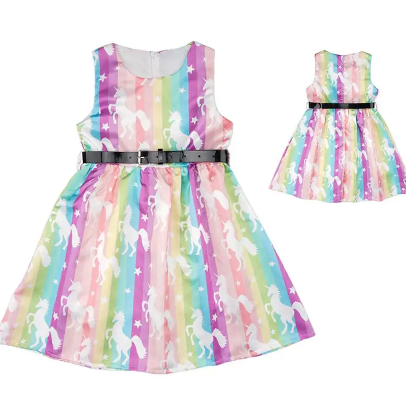 

Girls Unicorn Pattern Mulit Color Dress Retro Style Sleeveless Vestidos Kids Party Princess Gown
