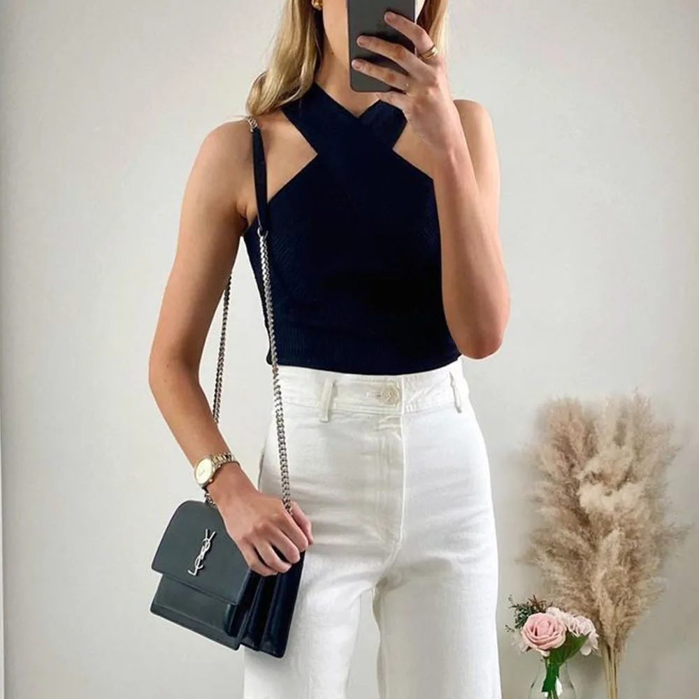 

ZREDARA 2021 spring and autumn new style black outer wear cross-strap blouse sleeveless sweater vest women new style
