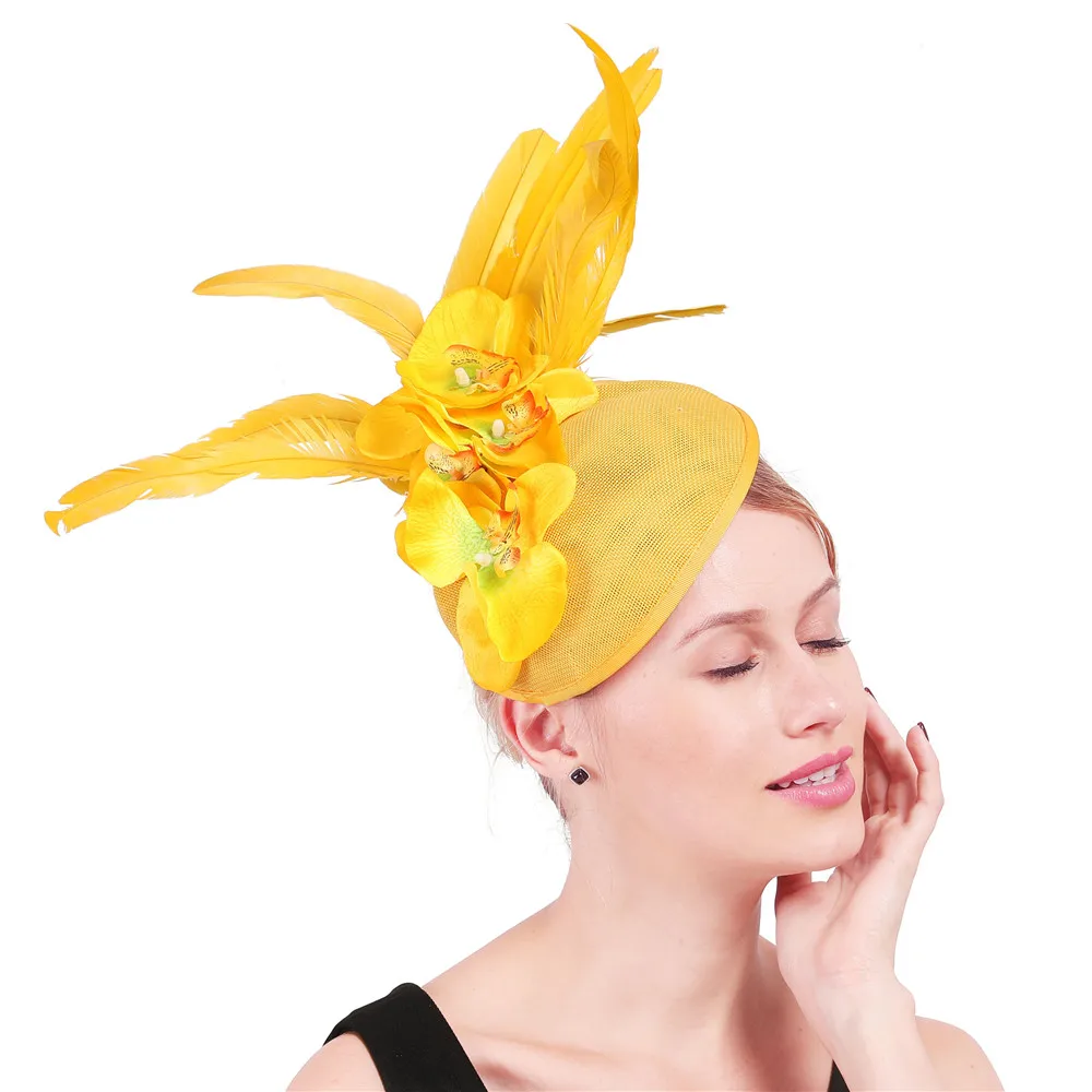 Элегантная женская Вуалетка желтая шляпа дерби с цветами для женщин церковные