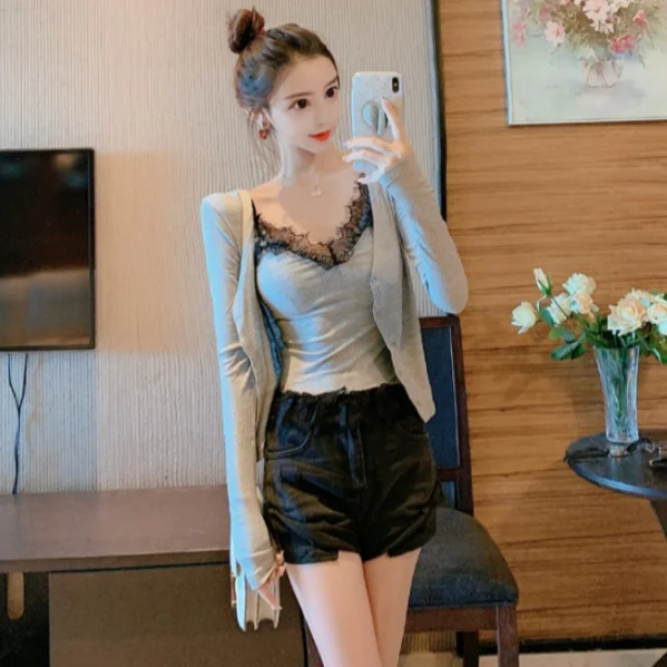 Облегающий топ на бретельках кардиган костюм из двух частей женский укороченный