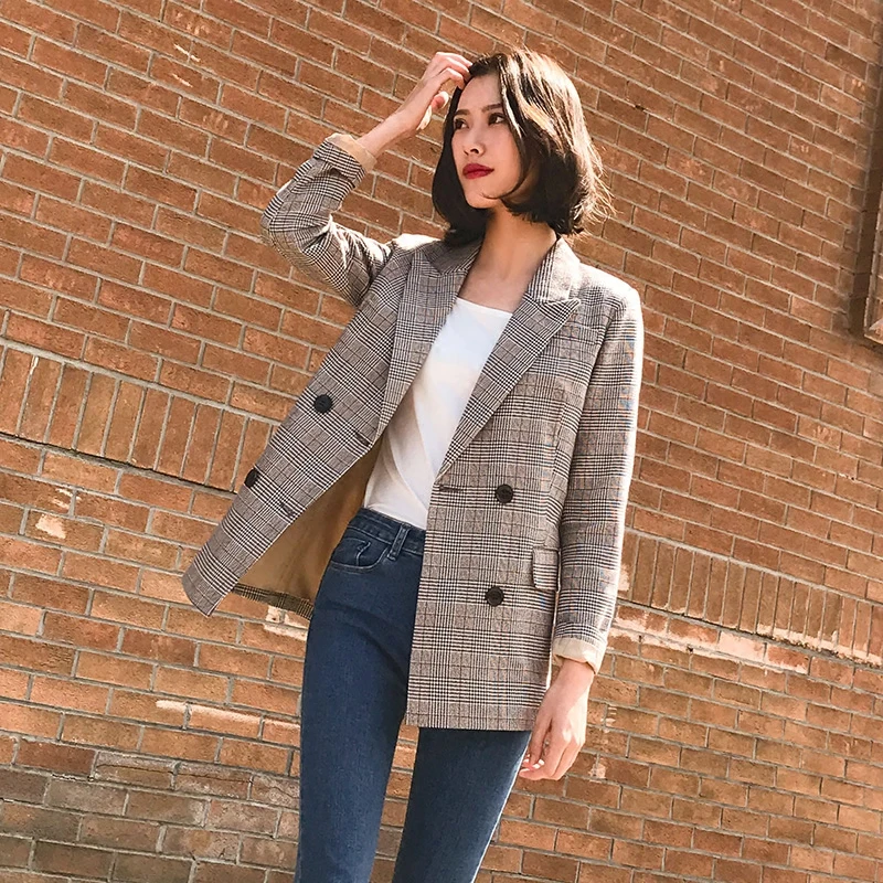 

2019 Vintage Double Breasted Plaid Women Blazer Pockets Jackets Female Retro Suits Coat Feminino Blazers Outerwear High Quality