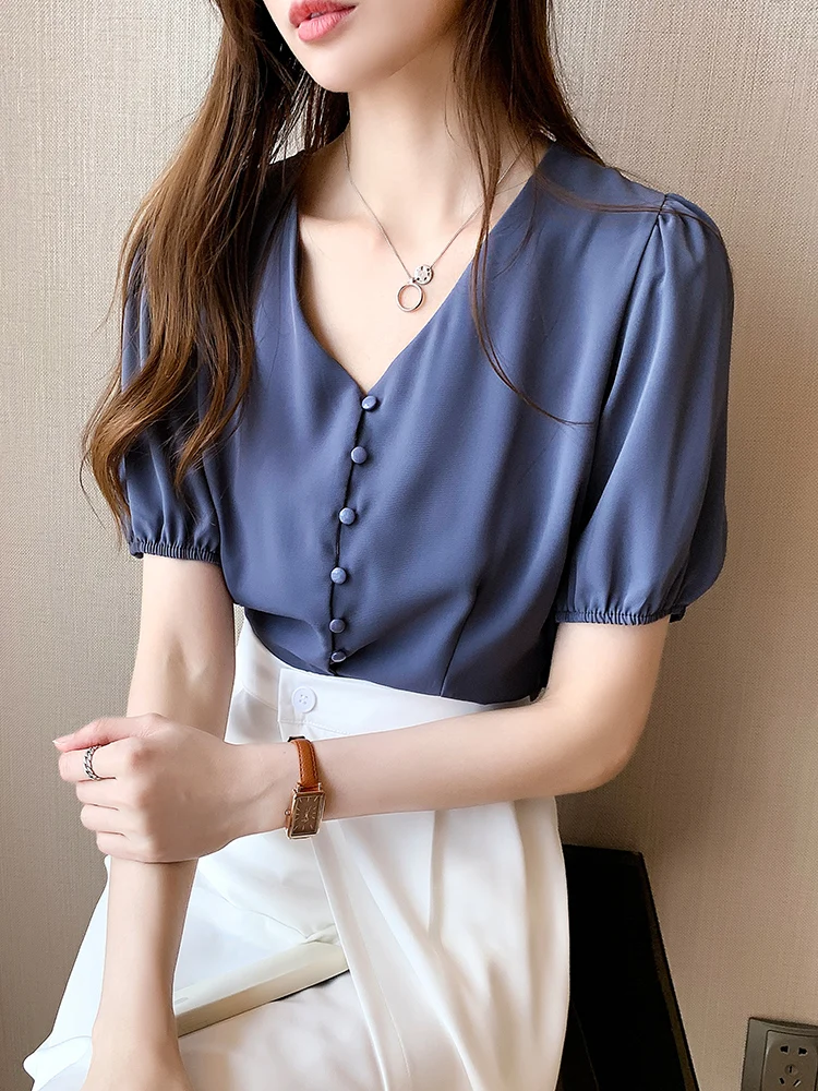 

Houthion New Short Sleeve Women Blouse Casual Fashion Top Comfortable Blouses Summer Shirt V-neck Chiffon Solid Color High-end