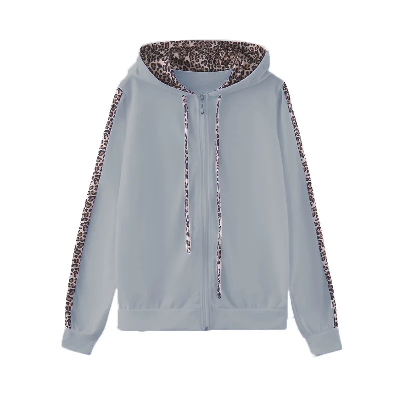 

2020 New Leopard Printed Long Sleeve Pocket Printed Zipper Hoodie Trousers Two Piece Set Tracksuit Women