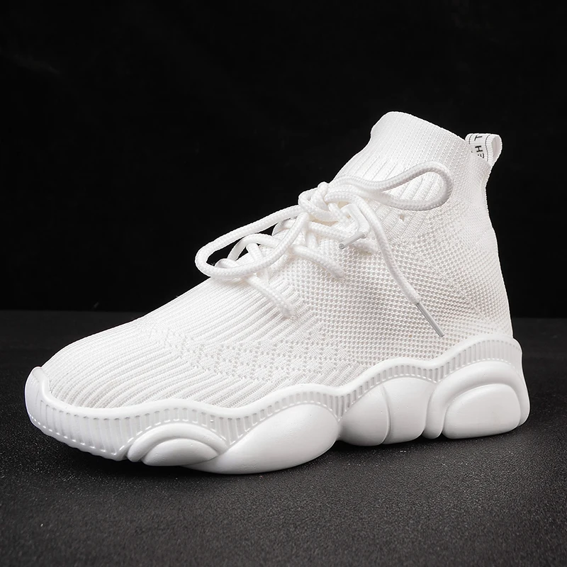 Женские кроссовки с дышащей сеткой белые черные вязаные высокие женская