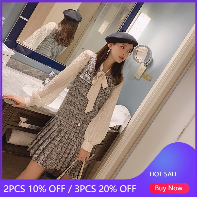 MISHOW Осеннее Плиссированное повседневное женское платье в клетку с высокой