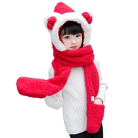 toddler 3 in 1 warm plush winter hat cute bowknot bear ears kids scarf mitten gloves with pockets earflap hoodie cap