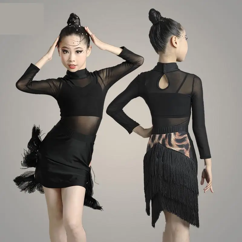 

Girl Middle Sleeve Lace Mesh Mordern Ballroom Dancing Dresses For Kids Sexy Salsa Tango Skirt Children Tassel Latin Dance Dress