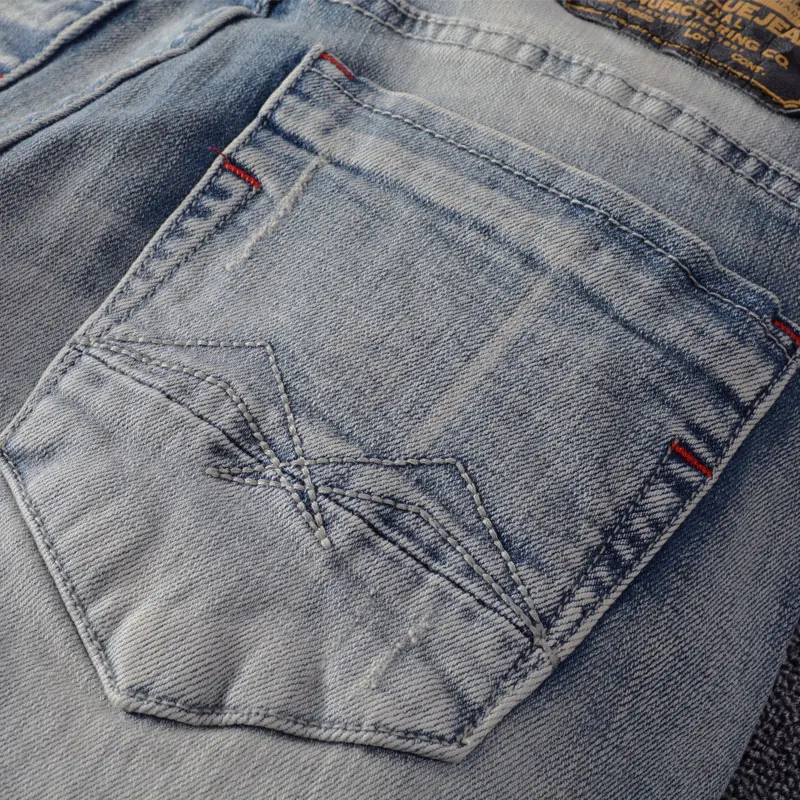 Korean Style Fashion Men Jeans Retro Light Blue Elastic Slim Fit Ripped Jeans Men Patchwork Designer Vintage Casual Denim Pants
