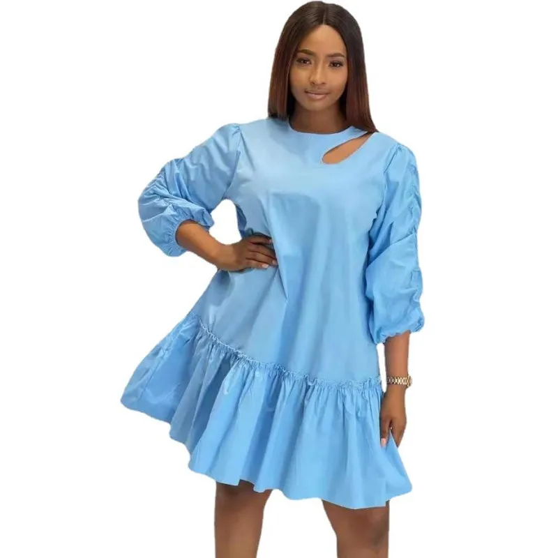 

Африканские платья с оборками для женщин, с рукавом-фонариком 3/4 и круглым вырезом, летнее Новое модное однотонное свободное повседневное к...