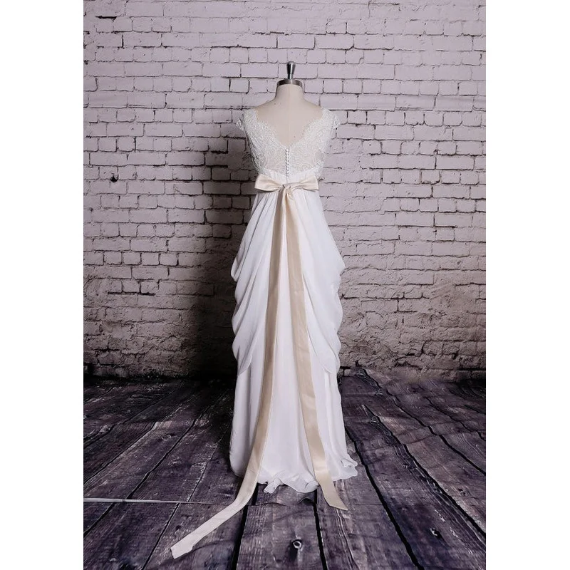 

Elegant Beach Wedding Dress V-neck Cap Sleeve Bride Dress with Sashes Chiffon Lace Floor-Length Bridal Gowns Vestido De Noiva