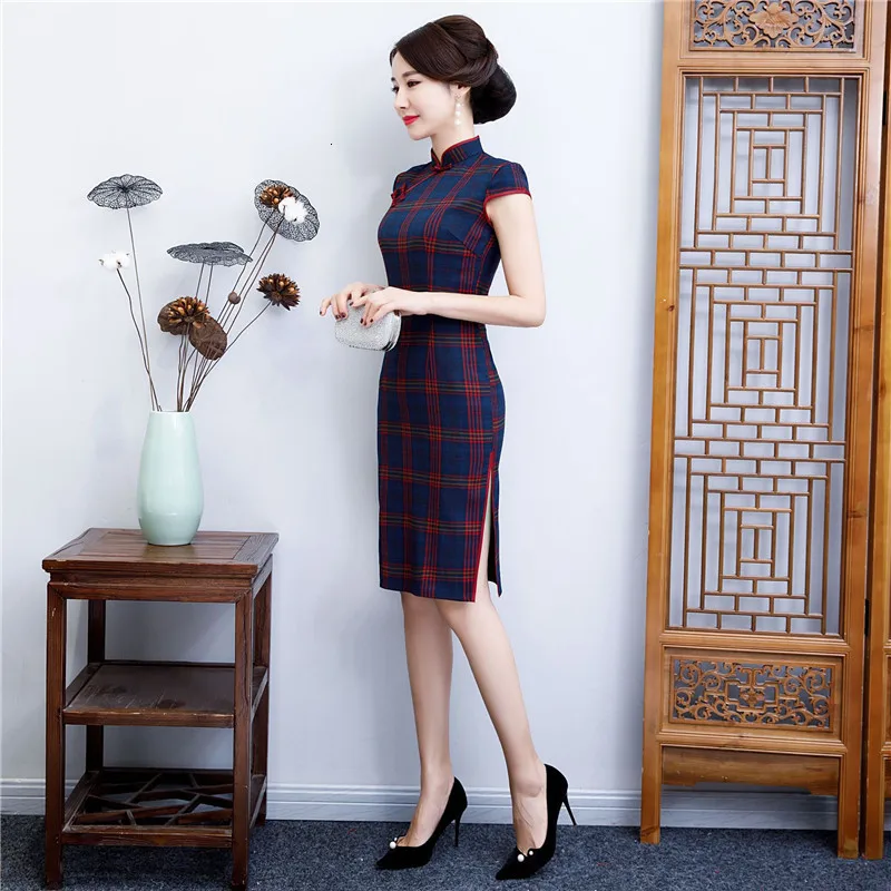 Летнее клетчатое платье с коротким рукавом, сексуальное, тонкое, Qipao, миди платья для женщин, Vestidos, Cheongsams, винтажное традиционное китайское платье, M-4XL