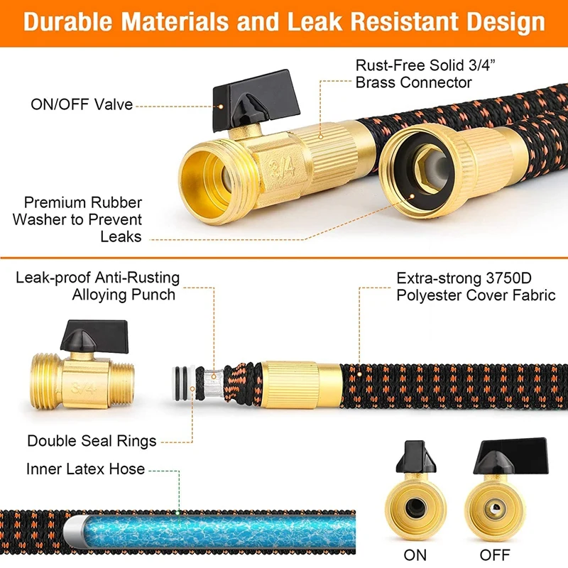 

Expandable Garden Hose, Lightweight Water Pipe Solid Brass Fittings Tube for Washing and Watering