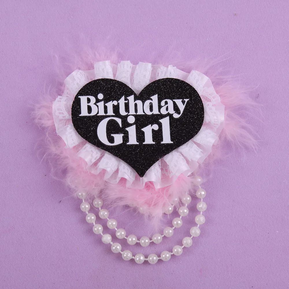 6pcs Birthday girl badge Pearl decoration princess birthday party feather decoration 5 colors white black lace sweet hot pink