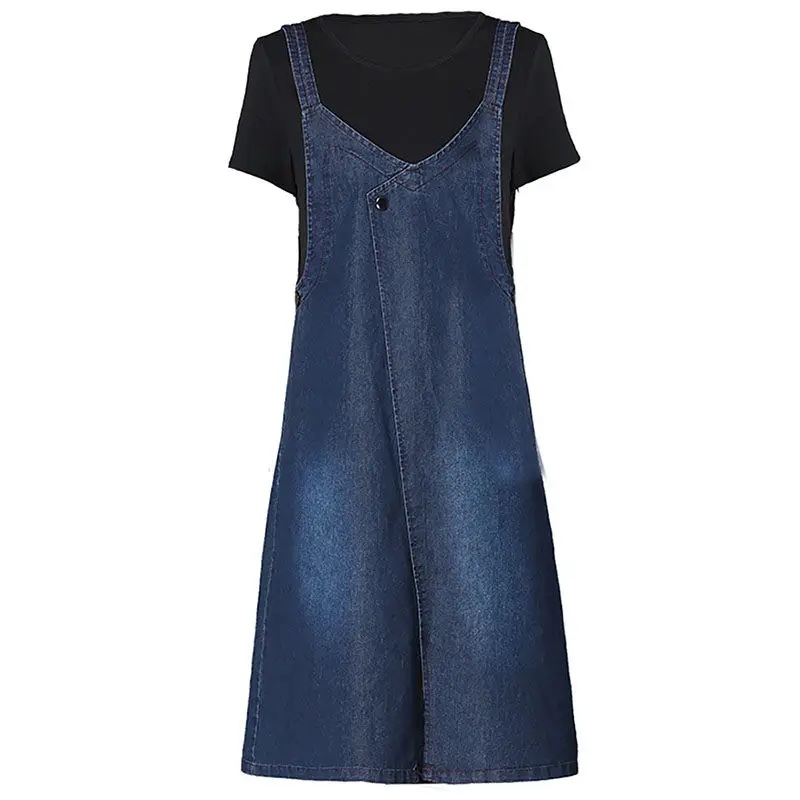 

New Round-neck Denim Dress Large Size Denim Stitching Fake Two-piece Dress Women 2021 Summer New Short Sleeve Jean Dress aq471