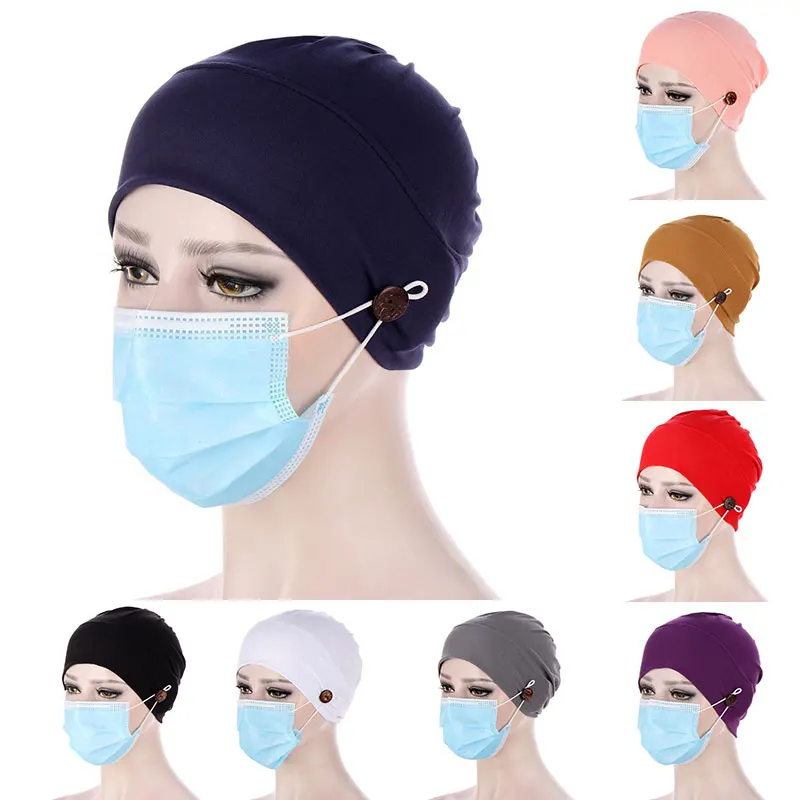 

Ladies Headscarf Bonnet Hat 1PC Turban Hat Buttons Night Cap Solid Color Simple Folds Muslim Head Cover Head Accessories