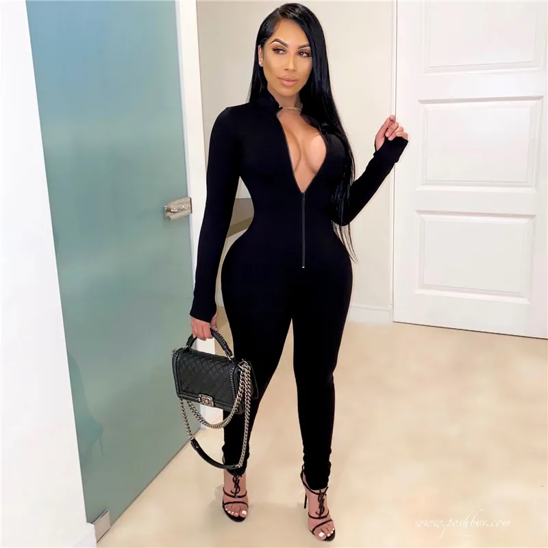 2020 New Style Women Solid Color One Piece Jumpsuit Ladies Zipper Front Long Sleeve Fitness Rompers Playsuits