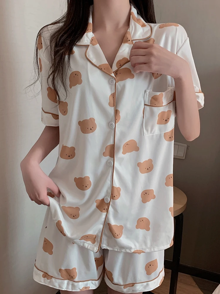 

Korea Sweet Multiple Women's Pajamas 2021 New Summer Thin Loose Turn-down Collar Cardigan Two Piece Home Clothes Pajama Sets