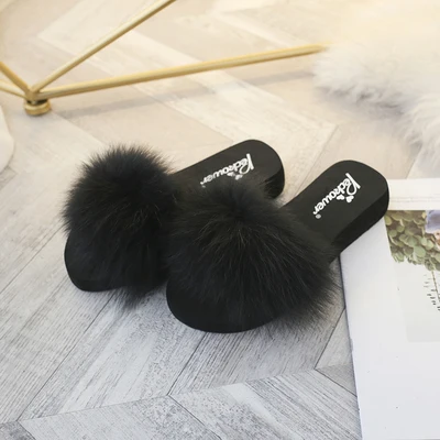 

2019 New Summer Women Slippers Open Toes Elegant Fur Casual Beach Shoes Flat Women Shoes Female Platform Rabbit Hair Lazy Shoes