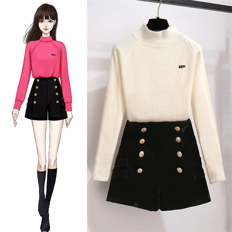 Осенняя новинка вязаный свитер с высоким воротником и высокой талией комплект