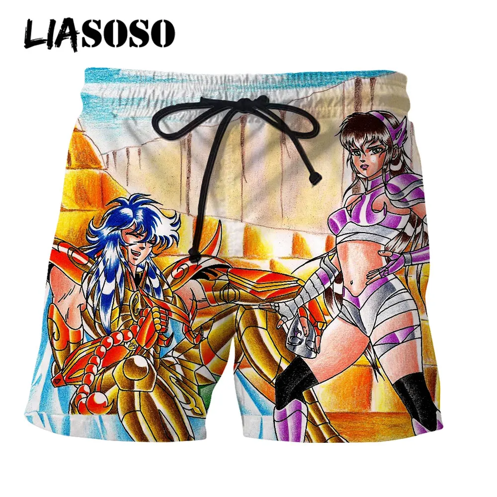 LIASOSO Anime Shorts Saint Seiya Manga Glod Cool Beach Shorts Swimming Boardshorts Casual Pants Men Women 3D Print Style Fashion