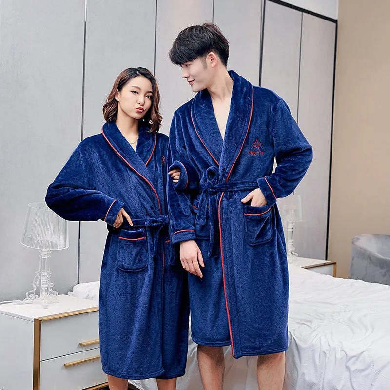 The new coral fleece nightgown autumn and winter couple robe thick belt belt bathrobe mid-length home wear