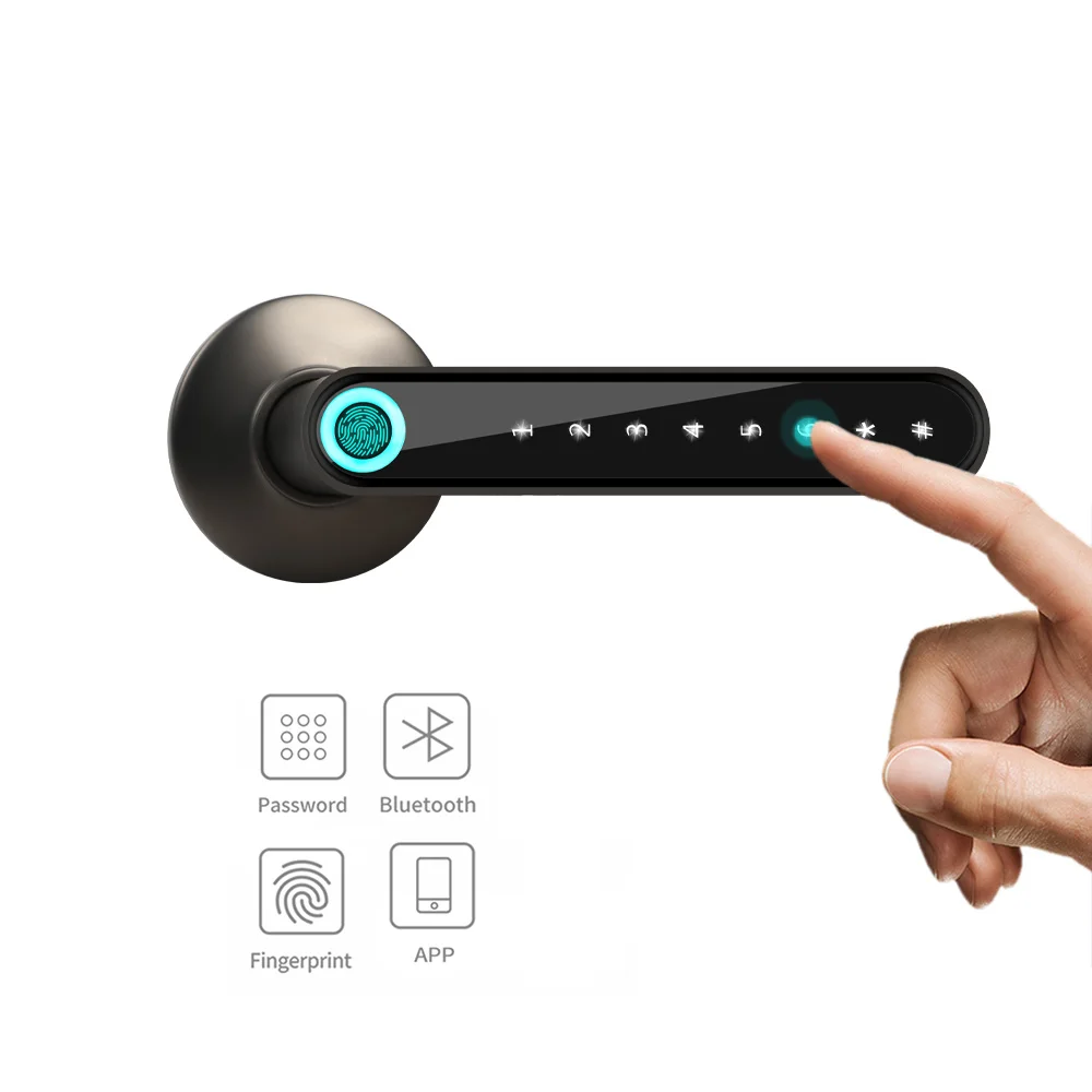 

Электронный дверной замок со сканером отпечатков пальцев, смарт-замок с Bluetooth и ручкой с кодом, разблокировка приложением, бесключевой дост...
