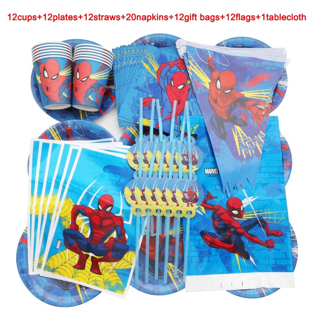 Spiderman Theme Birthday Party 24/36/56/69/81Pcs Decorations Cups Plates Napkins Flags Straws Baby Shower Boys Like Super Hero