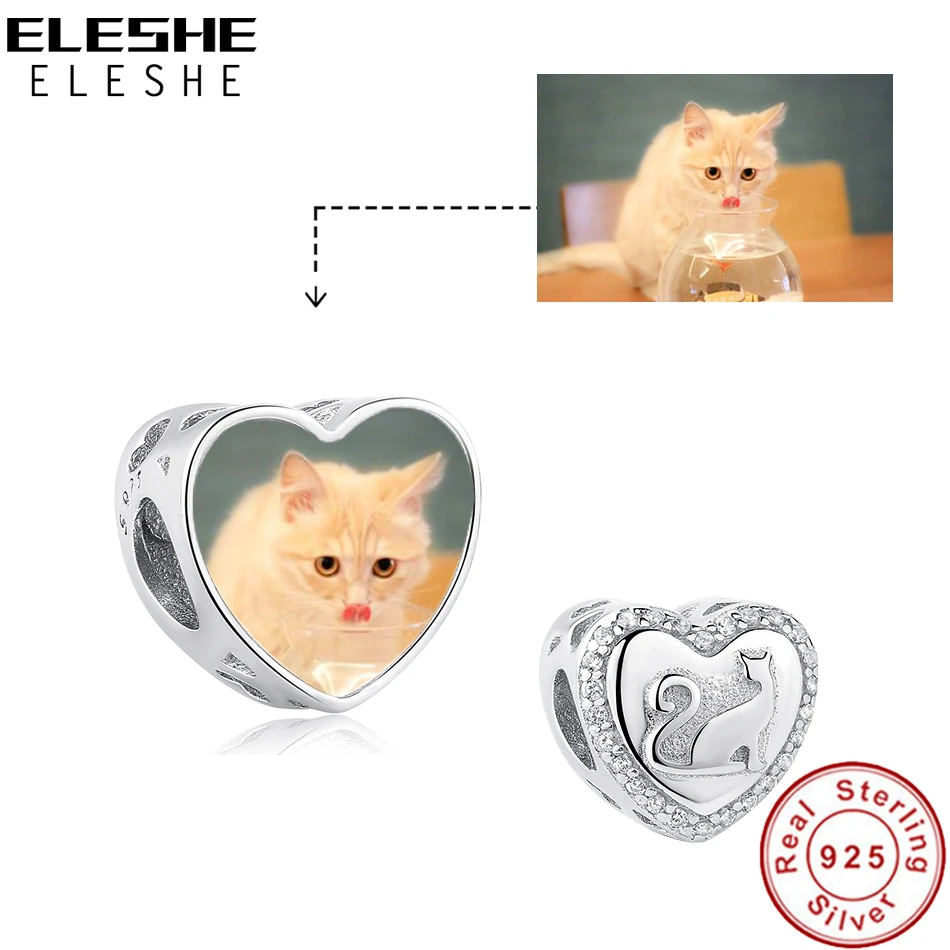ELESHE Милая кошка CZ бусины персонализированные пользовательские фото 925 пробы