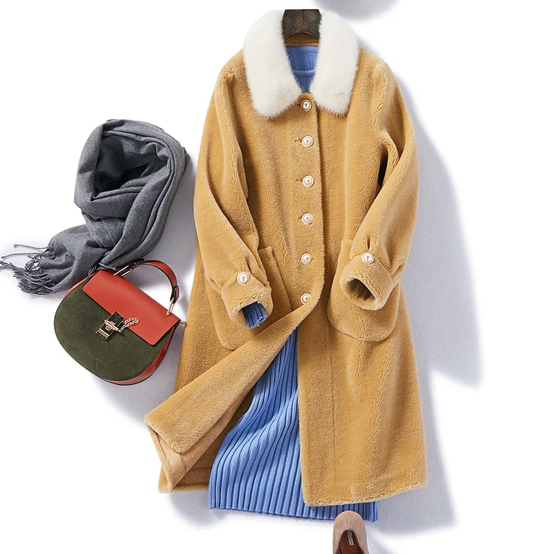 

SHZQ 2020 Grain Wool New Sheep Shearing Coat Women's Medium and Long Fashion Mink Collar Winter Fur Coat