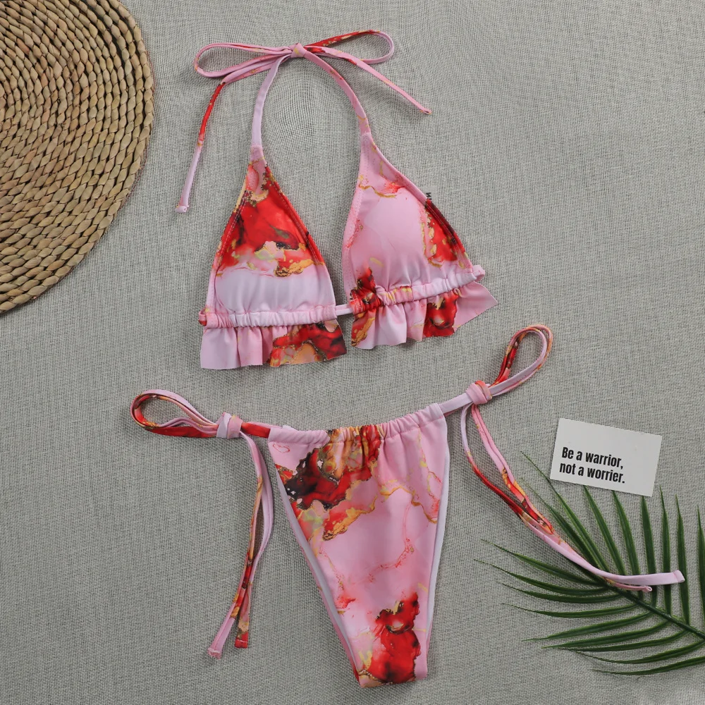 

Foohoostore 2Pcs Women Sexy Bathing Suits Adults Tie-dye Print Triangle Push Up Halter Bikini + Tie-up Thong Bikini Set Swimsuit