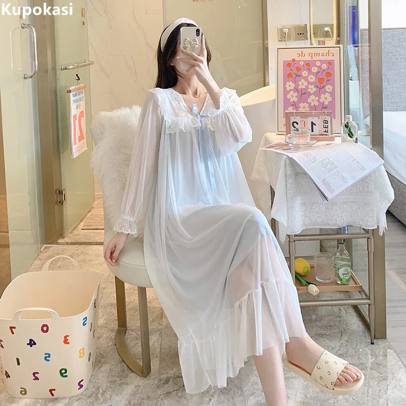 

Kupokasi Princess Nightdress Bride Sleepwear Women's Nightgown Lace Modal Palace Style Sweet Girls Spring Autumn Nightwear