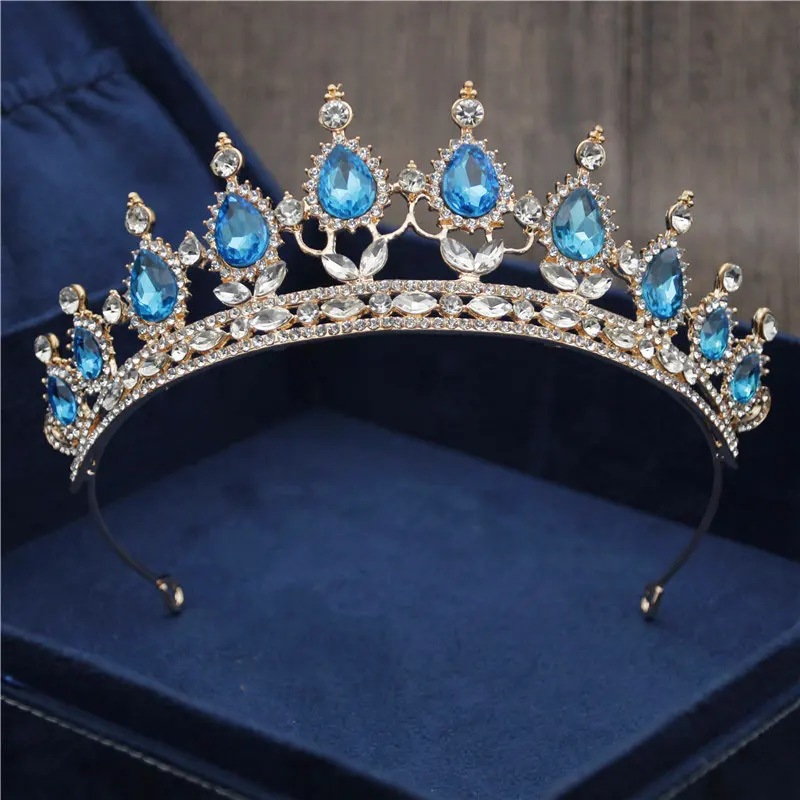 Gold Light Blue Новая Винтажная тиара в стиле барокко, корона для королевы невесты, розовые хрустальные короны, свадебные модные украшения для волос, свадебные аксессуары - Окраска металла: Gold Light Blue
