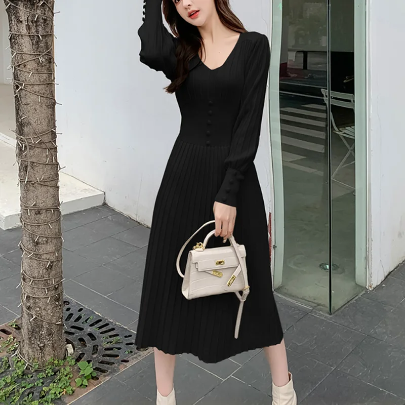 

2020 Autumn Elegant One-Piece Dress For Women Fashion Winter Woman Pleated Dress Korean Long Sleeve Sweater Knit Dress Lady Robe