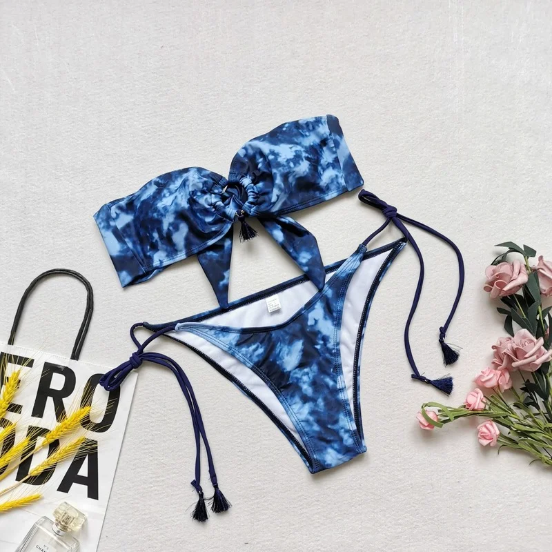 

2021 New Bikini Tube Top Halter Lace-Up Ink Dyed Printed Sexy Swimsuit 2 Piece Sets Wire Free Polyester