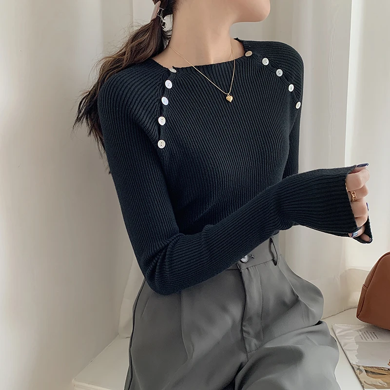 

Nieuwe 2021 осень зима Vrouwen Truien Knoppen Gebreide Modieuze Vintage Elegante Lady Korte Tops