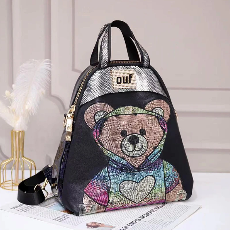 

Animal Prints Women's Backpack Cute Bear Rhinestone Ita Bag Back To School Bags High Quality Mochila Luxury Designer Sac A Dos