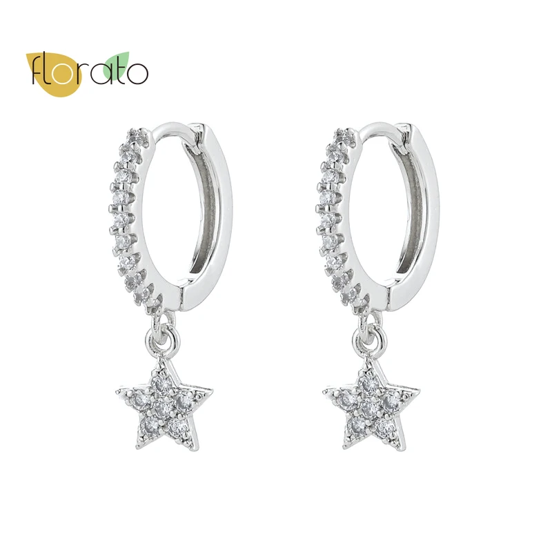 

New Arrival 925 Sterling Silver Mini Star Huggie Hoop Earrings For Women Crystal Gold Hoops Star Pendant Earrings Jewelry