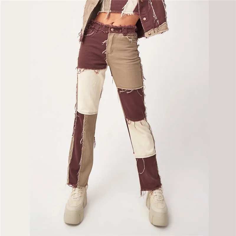 2021 новые модные Осенние Синие/розовые джинсы в стиле пэчворк женские прямые с