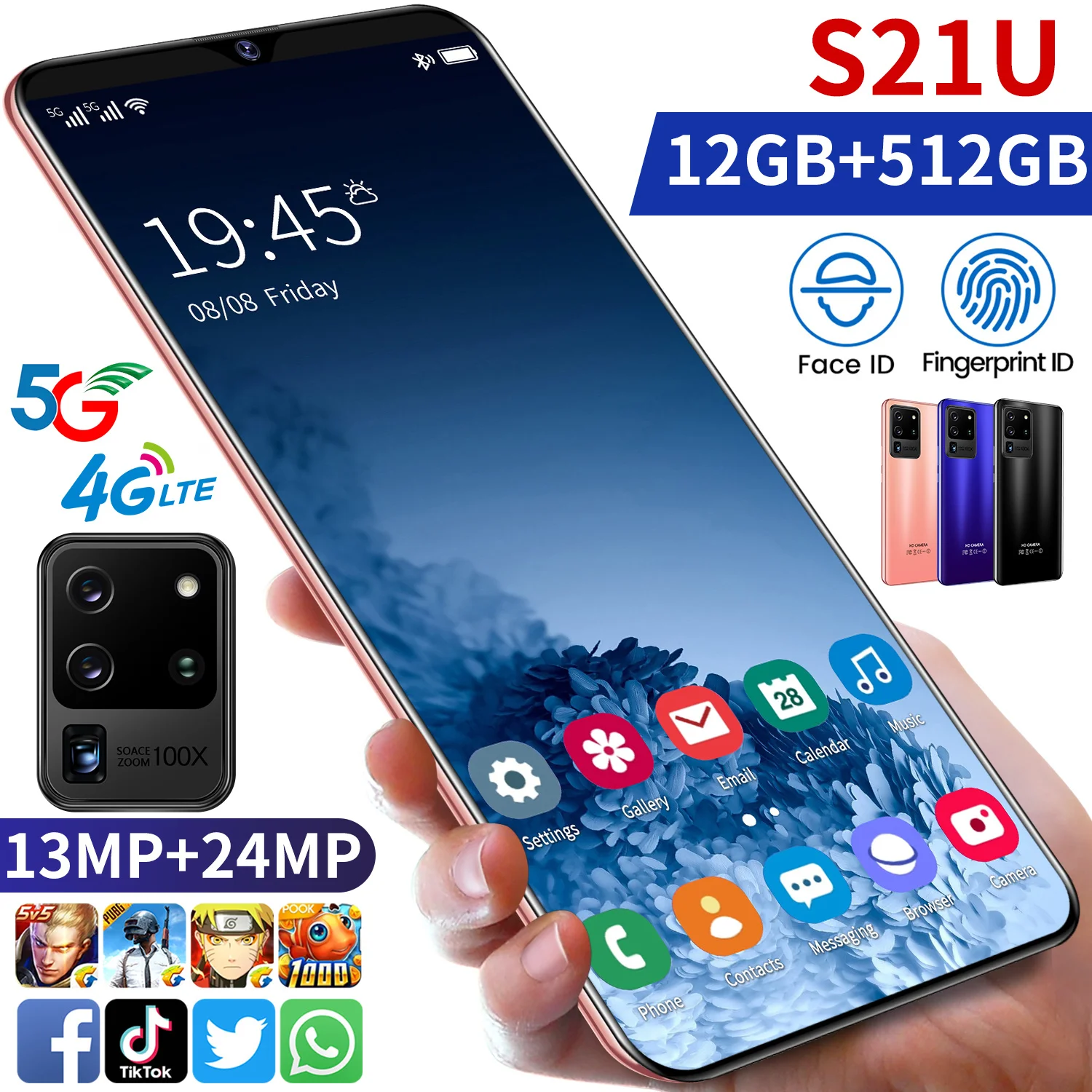 

S21U Smartphone5G 8GB+128GB Ultrathin High capacity Celular HD1440x3040 24MP+48MP Full Screen 4800mah Featured Face unlock Cheap