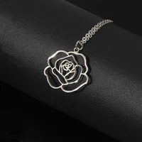 female hollow rose flower pendant necklace for women couple gold silver color stainless steel fashion lovers statement jewelry
