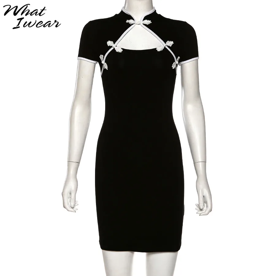 

Women sexy hollow out dress retro black short sleeve fashion vestidos bodycon slim party club buttons autumn new